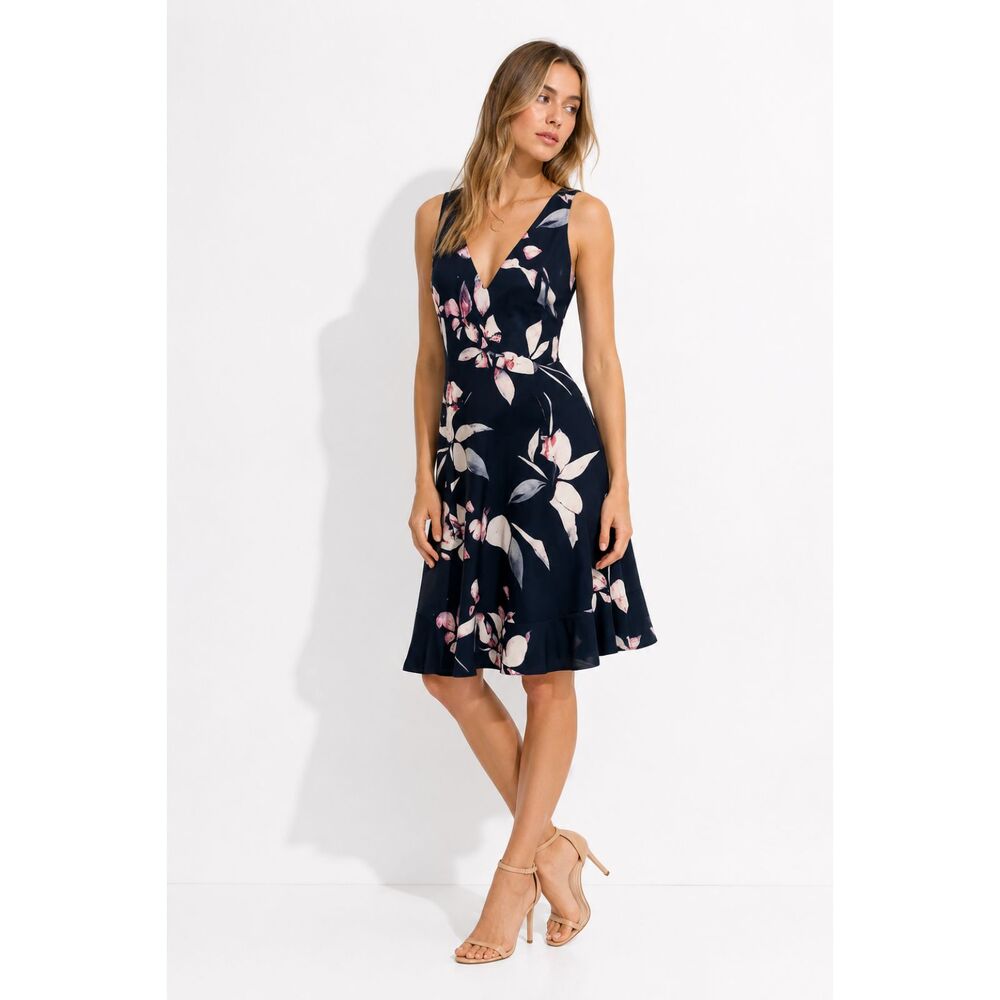 Vince Camuto Navy Floral Midi Dress Romantic Cottage Garden Party Ruffle Hem 16